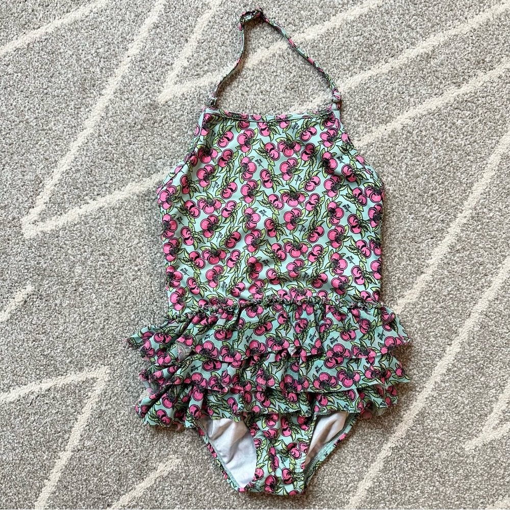 Betsey Johnson Teal and Pink Cherry Print Ruffled Swimsuit Girls 4-5